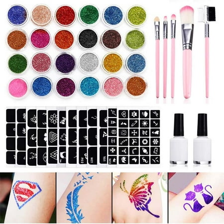 Glitter tattoo set, new glitter tattoo kit, 24 large glitter tubes and ...