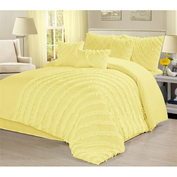 Unique Home Hillary 7 Piece Comforter Set Solid Yellow Ruffled Bedding ...