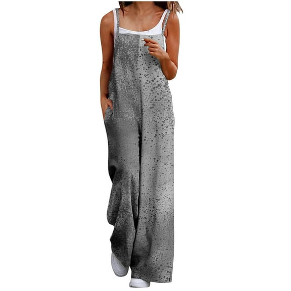 Caywon Women Fashion Casual Loose Fit Printed Pattern Pockets Sleeveless Back Strap Jumpsuit One Piece Romper Comfortable Lightweight Fabric Relaxed Black 2XL