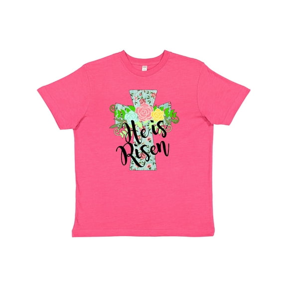 Inktastic He Is Risen Floral Print Cross with Beautiful Flowers Youth T-Shirt