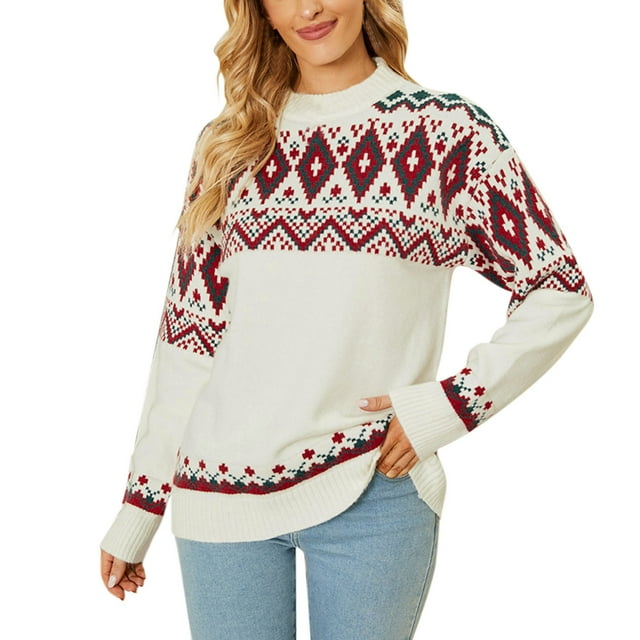 Chandail de Noël pour Femmes Col Rond Mode chandail Manches Longues Chaud Mi-Long Ample Blouse Tricotée Doux Cardigan Imprimé Graphique Tricot