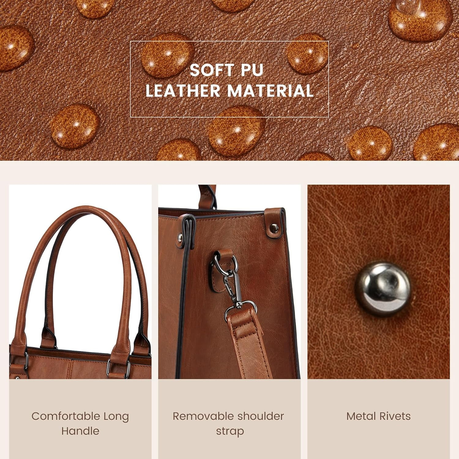 LOVEVOOK Laptop Tote Bag for Women, 15.6 Inch Large Capacity Vintage Leather Work Computer Bag, Business Casual Shoulder Handbag, Dark Brown
