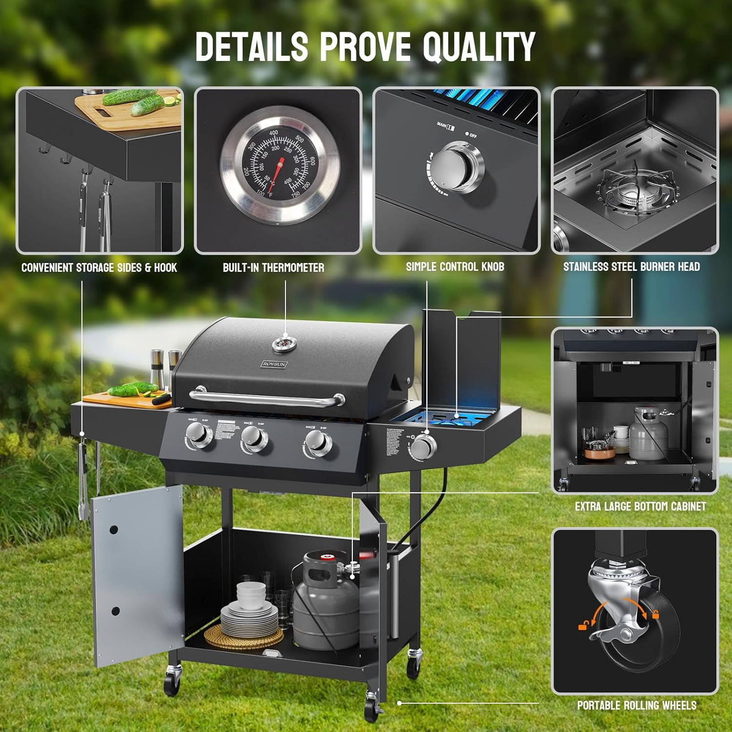 VINGLI 3 Burner Propane Gas Grill with Side Burner, 46,000BTU BBQ Grills with Enameled Cast Iron Grates, Shelf & Cabinet for Outdoor Garden Patio Backyard Barbecue Cooking