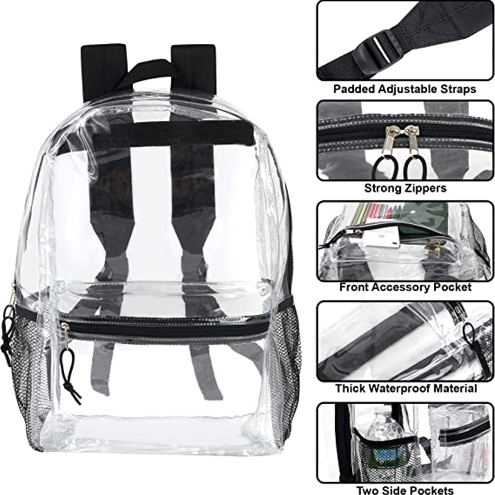 toespraak aanplakbiljet moederlijk Black Clear Backpack With Reinforced Straps & Front Accessory Pocket -  Perfect for School, Security, & Sporting Events by PAKASEPT - Walmart.com