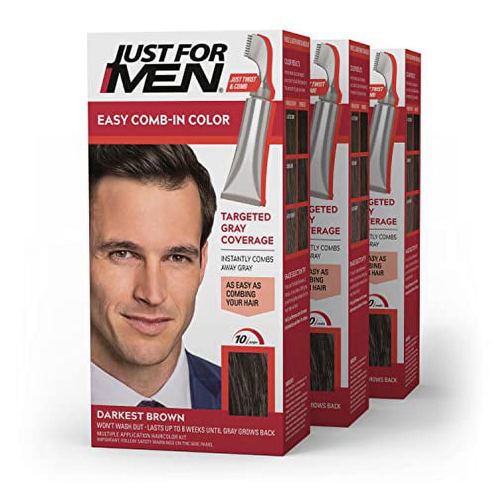Just For Men Easy Comb-In Color, Hair Coloring for Men with Comb Applicator - Darkest Brown, A-50, 3 Pack