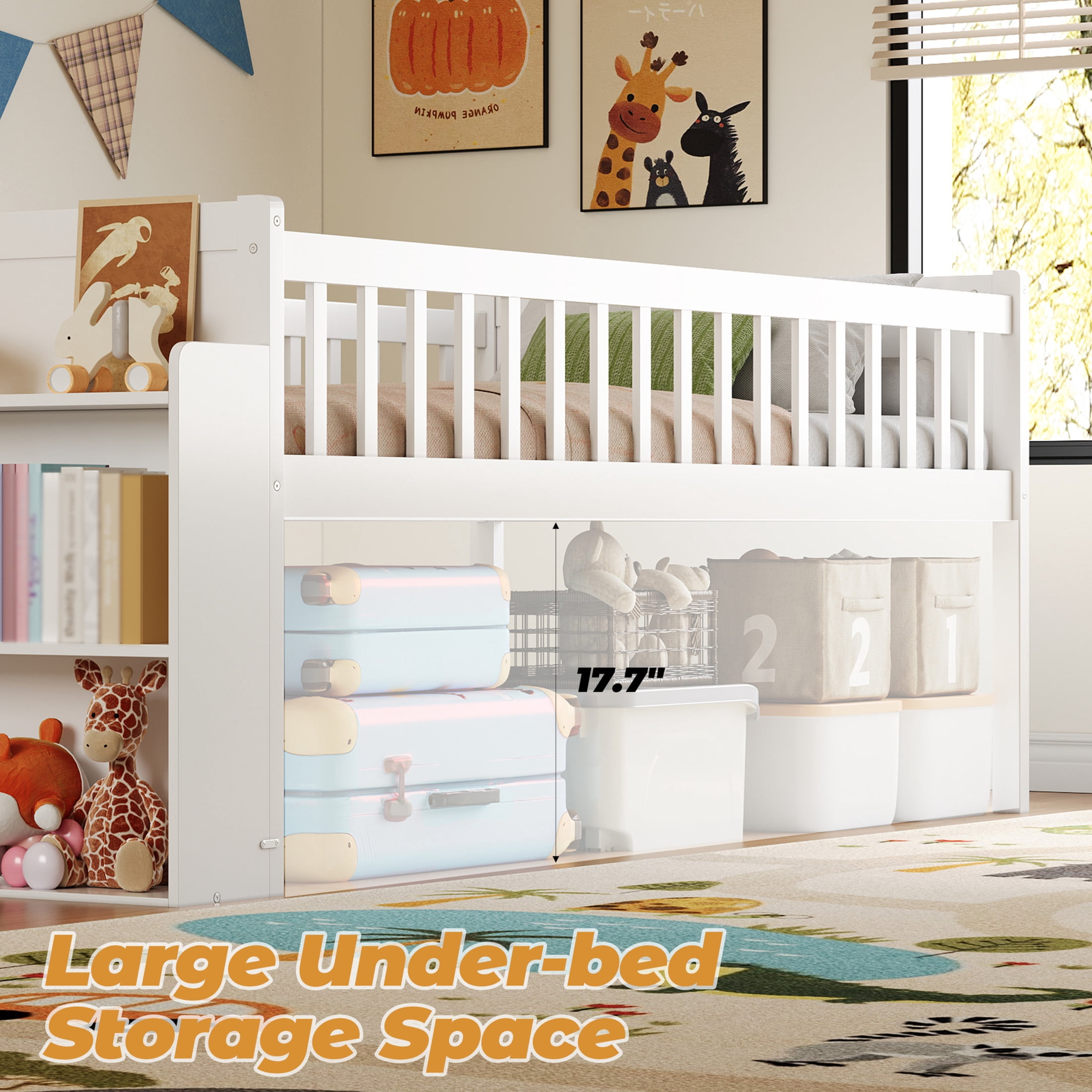 Noble House Twin Bed Frame with Storage Shelf, Platform Bed with Slide and Guardrail, White