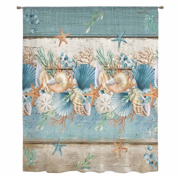 Teal Blue Brown Beach Coastal Sheer Curtains 84" Long, Nautical Shell Starfish Coral Summer Light Filering Curtains, Breathable Simi Curtain Privacy Drapes for Living Room Bedroom Window Treatment