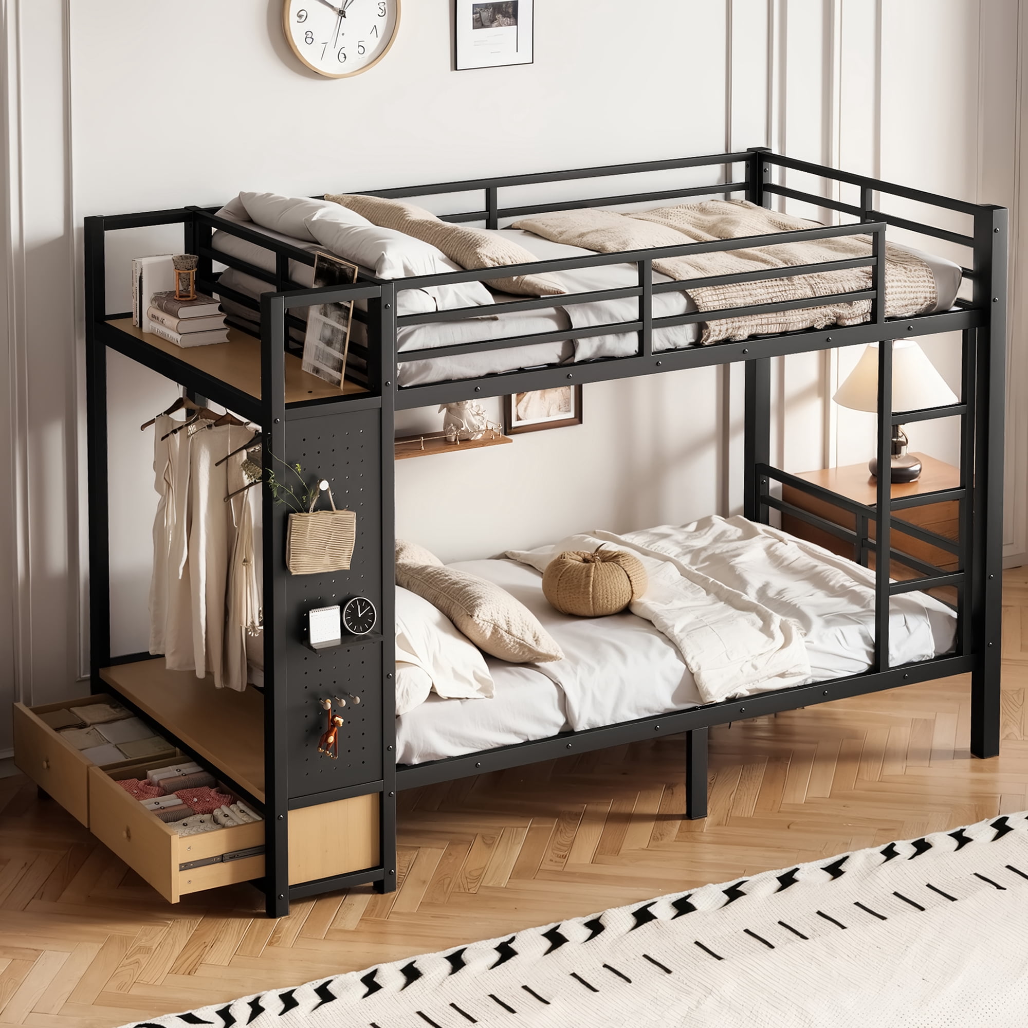 Leumius Twin XL over Twin XL Metal Bunk Bed with Built-in Wardrobe,Heavy Duty Loft Bed Frame with Storage Shelves,Drawers and Pegboard,Space-Saving,Black