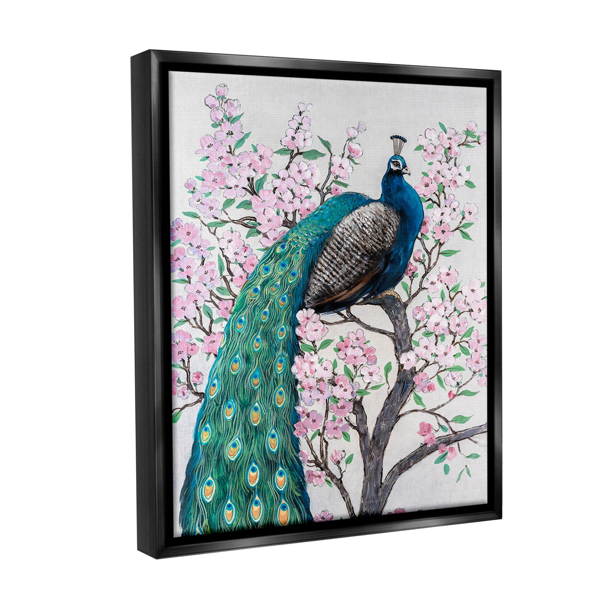 Stupell Industries Peacock Perched on Florals Animals & Insects Painting Black Floater Framed Canvas Art Print Wall Art, 17 x 21