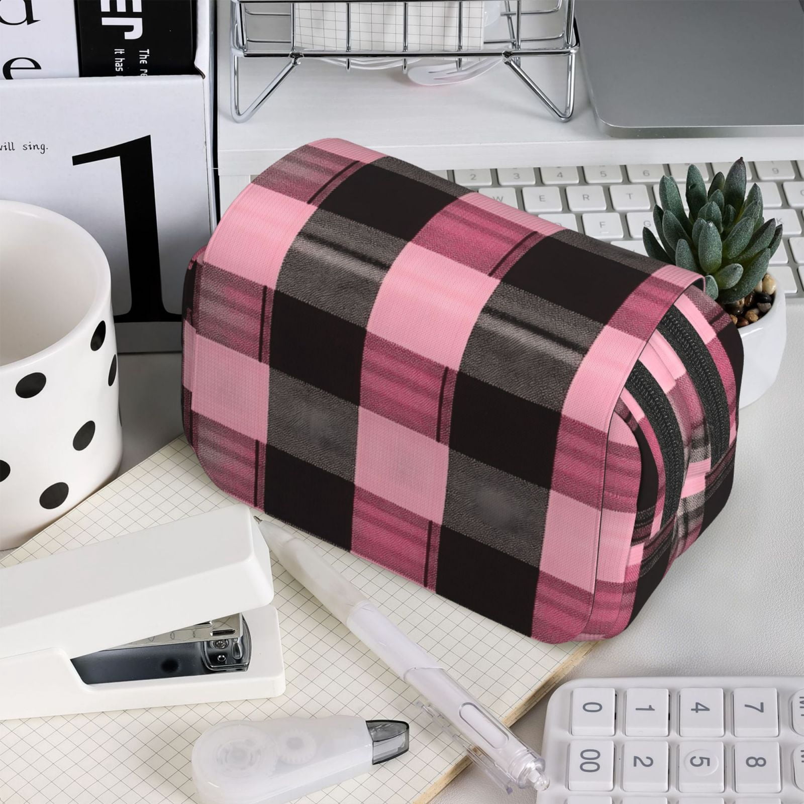 Large-Capacity Flip-Top Double-Layer Pencil Case, Multi-Functional Pocket Pen Case, Durable Stationery Organizer Hotpink Buffalo Plaid Check Tartan Scotland_4