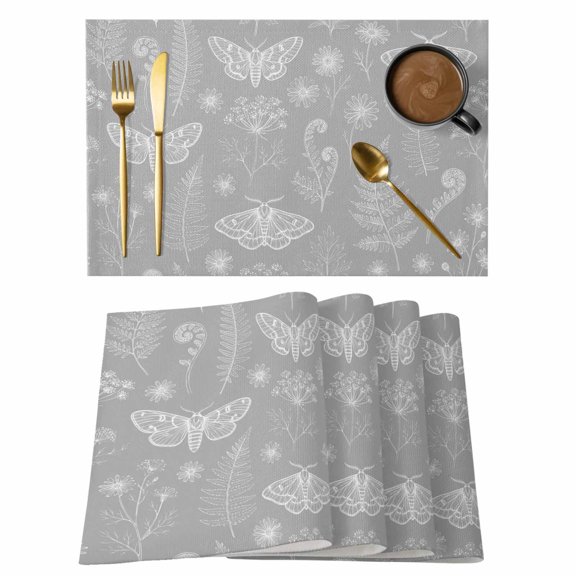 Grey Butterfly Botanical Placemats Set of 6 Summer Plants Line Art Place Mats Indoor Wipeable Table Mats Washable Cloth Dining Table Placemats for Kitchen Holiday Party Home Decor 13x19 Inch