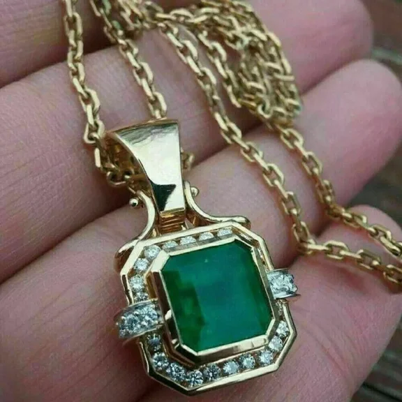 4TCW Asscher Cut Lab Created Green Emerald Women's Pendant 14K Yellow Gold Plated