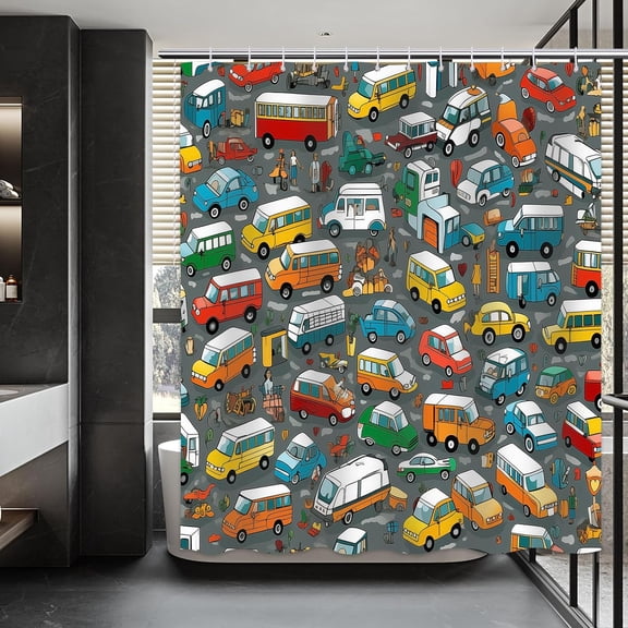 Kid''s Shower Curtain,Modern City Lush Decor Race Cartoon Car Pattern Print Waterproof Bathroom Decorative Bathtub Curtain,12 Hook,72x72 Inches