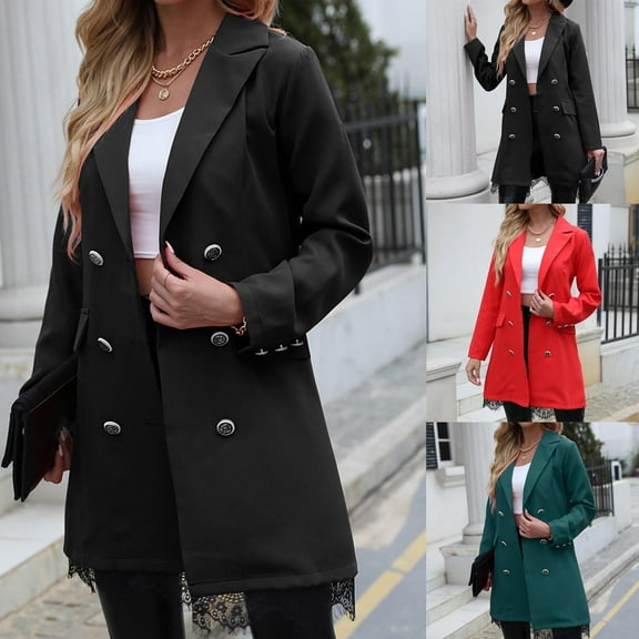 ATOYSOY Women's Lapel Open Front Jacket Midi Blazer Suit Versatile Long Sleeve Midi Cardigan Trendy Solid Work Office Coat Business Attire Casual Double Breasted Button Black L