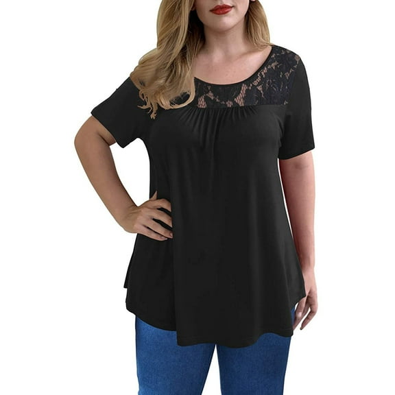 Viikei Women's Plus Size Short Sleeve Lace Pachwork O-Neck T-Shirt