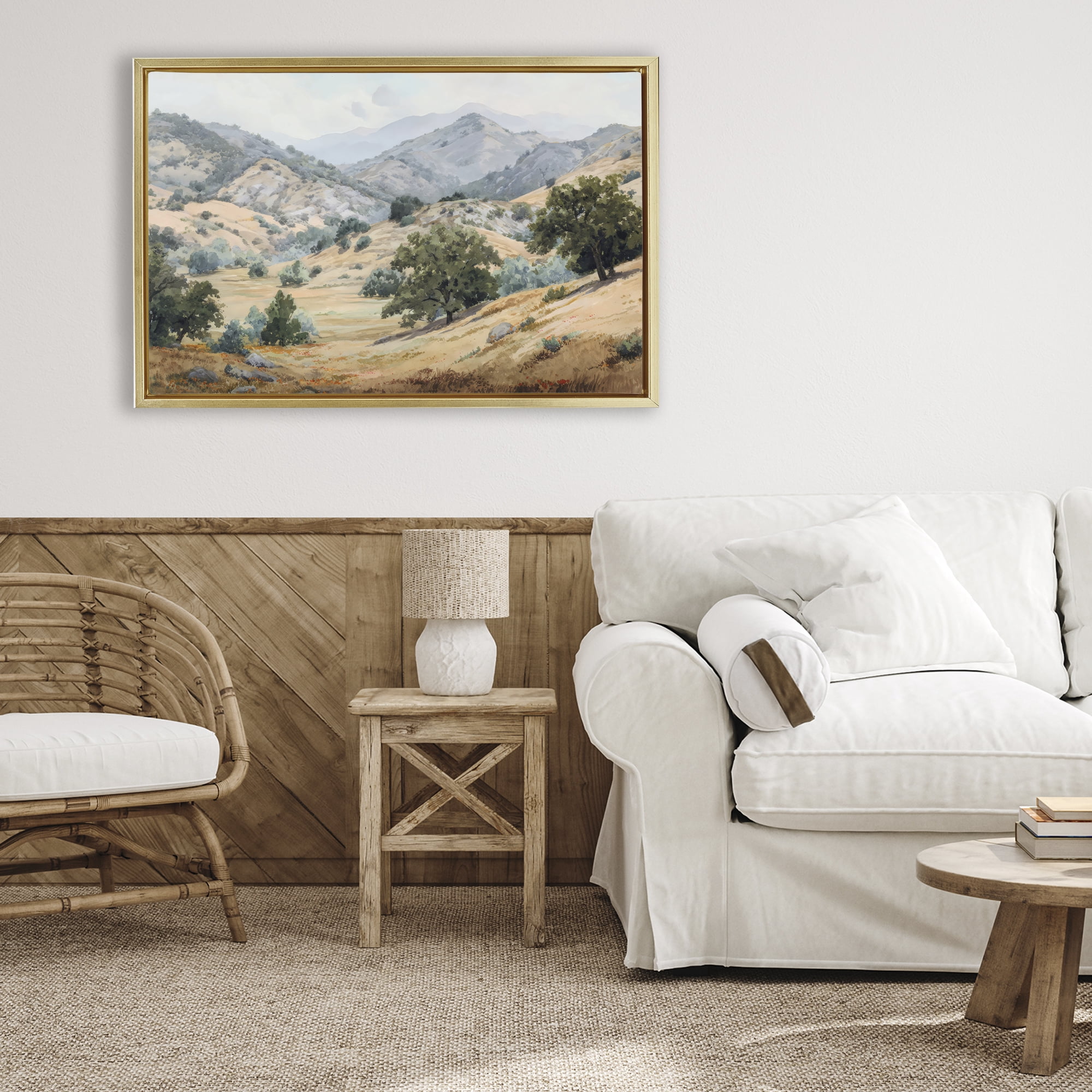 Stupell Industries Mountains and Trees Valley View Gold Framed Floater Canvas Wall Art, design by Petal Prints Design