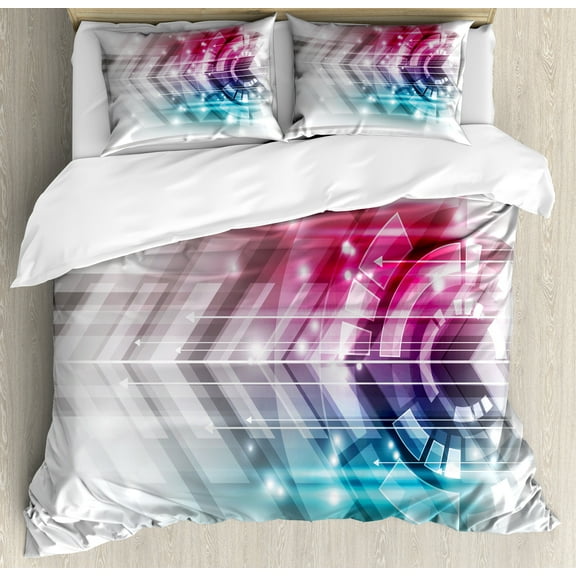 Modern Duvet Cover Set, Technologic Futuristic Geometrical Shapes Squares Art Print, Decorative 3 Piece Bedding Set with 2 Pillow Shams, Queen Size, Pale Blue Grey Hot Pink, by Ambesonne