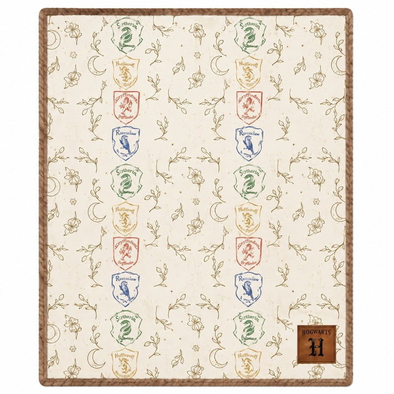 Harry Potter House Pattern Silk Touch Mink Velvet Throw with Leather Patch, 60x70 inches