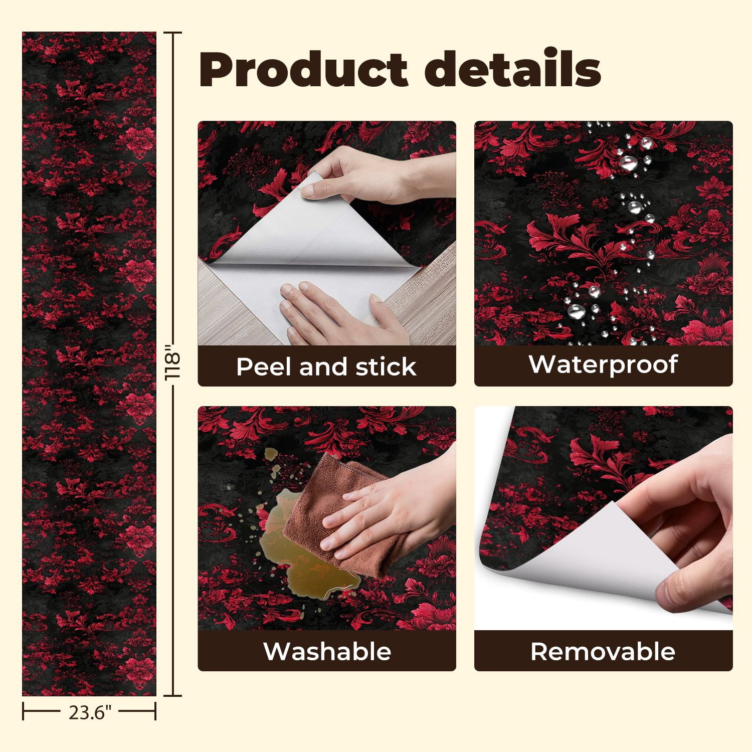 Peel and Stick Wallpaper Floral Damask Red Black Vintage Baroque Ornament Style Wall Mural 23.6in x 9.8ft Self Adhesive Removable Wall Paper Renter Friendly Wallpaper for Nursery Bedroom Cabinets