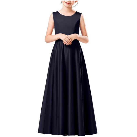SERTG Girls Solid Color Sleeveless Round Neck Long Length Dress Kids Party Performance Formal Gown Wear Skirts(Navy,3-4 Years)