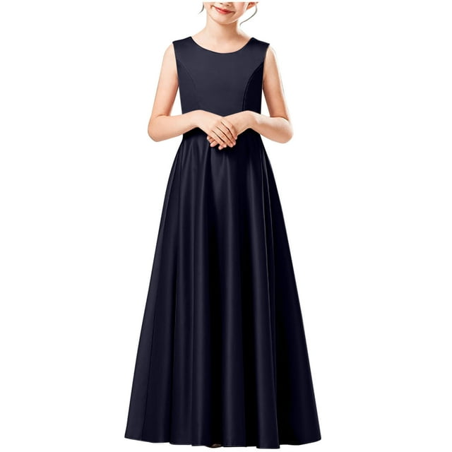 EGNMCR Robe Sans Manches à Col Rond pour Enfants Couleur Unie Cultiver Sa Morale Bas Personnage Décontracté Performance Fête Robe Combinaison Longue Jupe pour Enfants Fille Polyester Robe