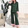 thumbnail image 4 of Gamivast Silk Pajama Sets for Women Long Sleeve Button Down & Feather Trim Pants Pjs Sets Satin Sleepwear Elegant Bride Bridesmaid Party Nightwear, 4 of 5