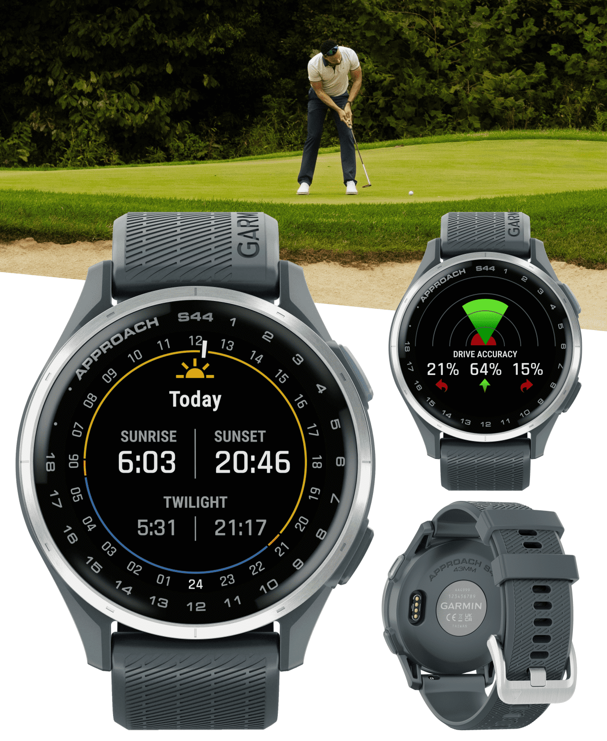 Garmin Approach S44 Golf GPS Smartwatch Silver Aluminum Bezel with Twilight Silicone Band with Wearable4U Power Bank Bundle