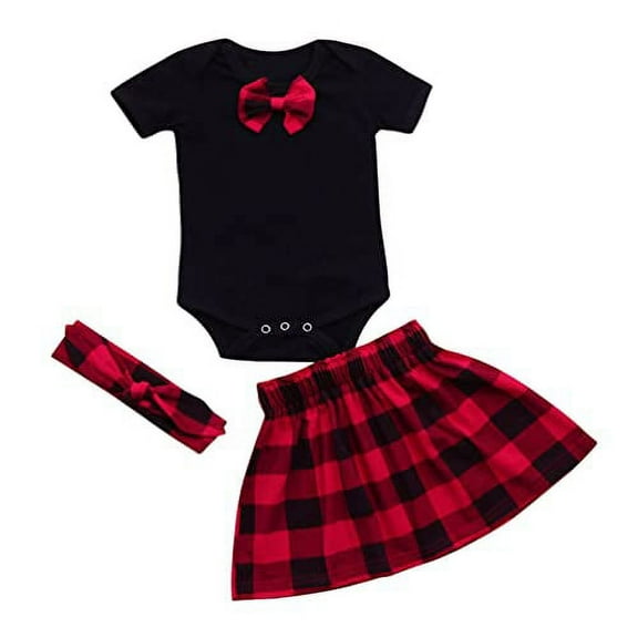 StylesILove Baby Girls Bowknot Short Sleeve Black Cotton Bodysuit, Plaid Skirt with Headband 3pcs Holiday Outfit (18 Months)