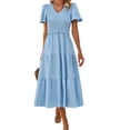thumbnail image 3 of Women Sundress Summer Floral Short Sleeve Wrap V Neck A-Line Midi Dress M, 3 of 10