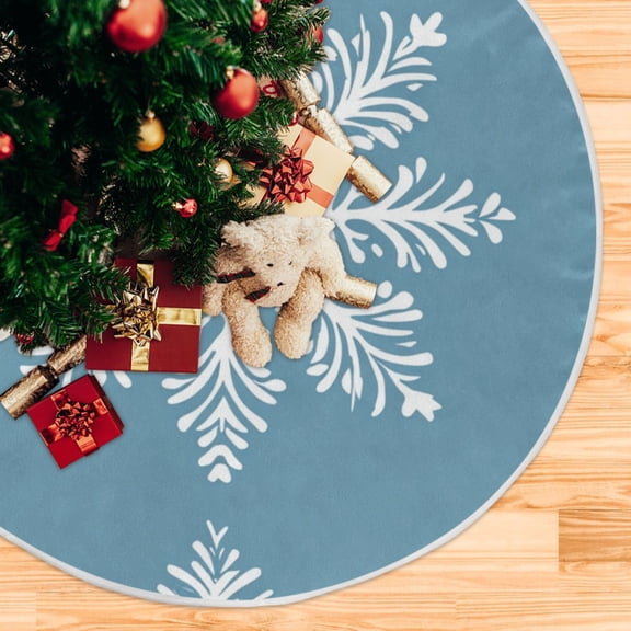 Blue Background Christmas Snowflakes Christmas Tree Skirt Opening Design Floor Mat Holiday Decor 35 inch