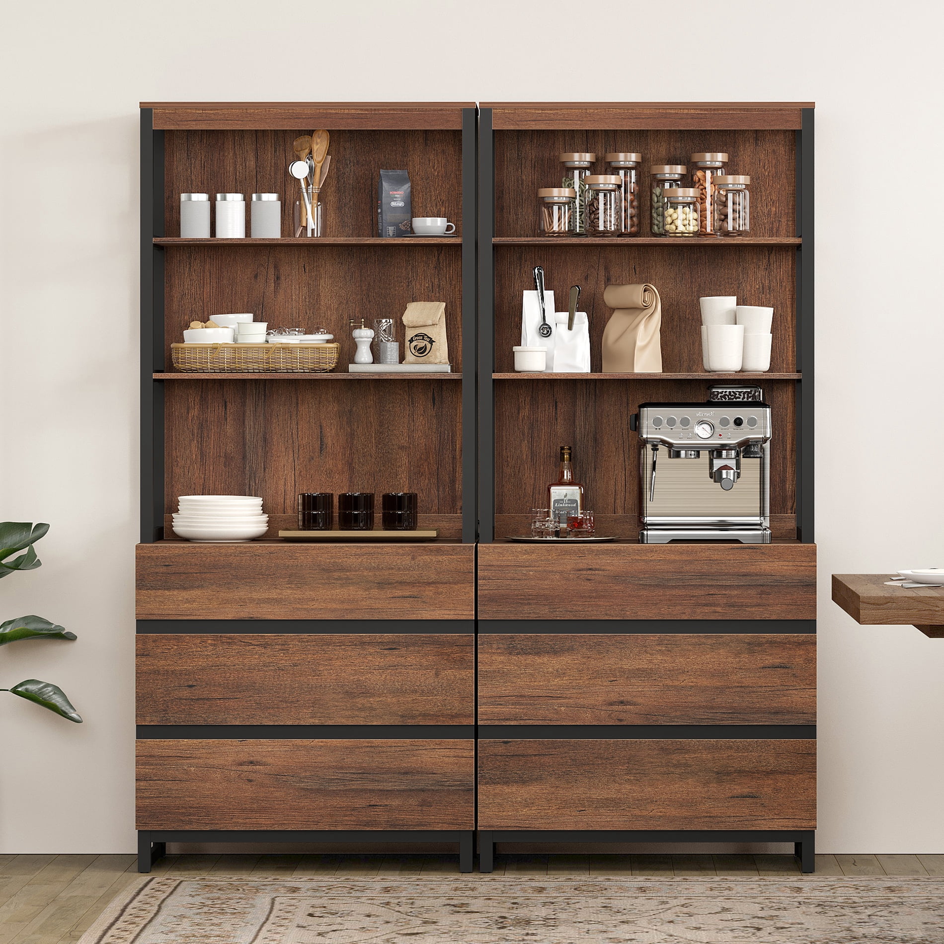WAMPAT 2 PCS Modern 72" Tall Bookcase with 6 Drawers and Open Book Shelfs, Library Book Shelf with Storage Cabinet and Metal Base, Wood Freestanding Bookshelves for Home Office, Living Room, Brown