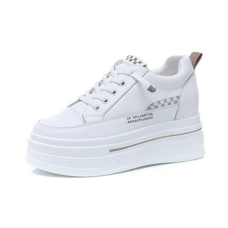 Women s platform shoes 7cm Thick sole height increase Cowhide Lace-up Non-slip Sneakers female White Casual shoes Suitable for all seasons