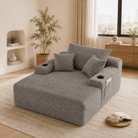 65" Oversized Corduroy Chaise Lounge Sofa Bed with Deep Seat, 2 Cup Holders, Side Pocket and Pillows, Compressed Cloud Couch for Living Room