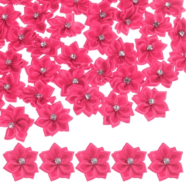 Uxcell 200-pack Flores de Cinta de Satén, Mini Flores de Tela de 1.2 Pulgadas con Strass para Manualidades y Proyectos de Bricolaje Rojo Rosa