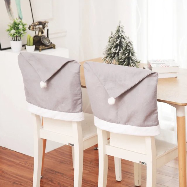 Nuevos artículos decorativos: funda de silla no tejida gris, taburete, sombrero grande de Navidad