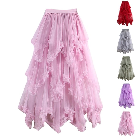 Fewfanhot Women's Skirts Tulle Skirt Formal Asymmetrical Ruffle Midi Skirts Elastic High Waist Fairy Skirt