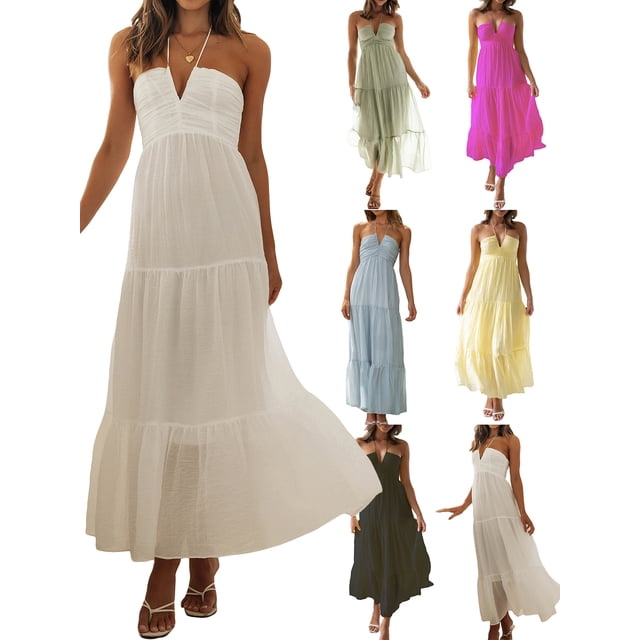 SUNSIOM Women's Summer Sleeveless Halter Neck Tie-Up Long Dress Backless Ruffle Hem Flowy Sundress