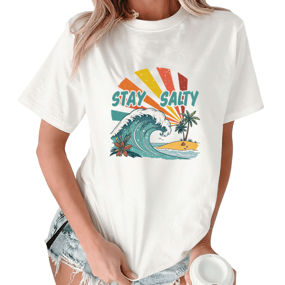 White Retro Sun Wave Stay Salty Print T-Shirt Graphic Tees Shirts Beach Streetwear Modern S-5XL Tops