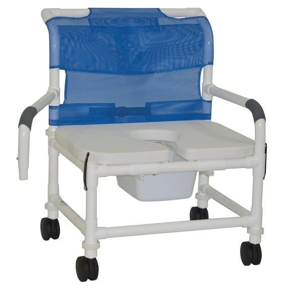 MJM International 126-4TW-NB-FSSS-DDA Extra wide shower chair 26" int width, 4" twin brake casters, swing away armrests, square commode pail, full support soft seat, no bar in back, 425 lbs wt cap