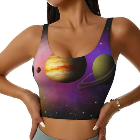 Adobk Planets And Stars Print Sports Bras for Women Longline Workout Crop Tank Tops Padded with Built in Shelf Padded Sports Bra-XX-Large