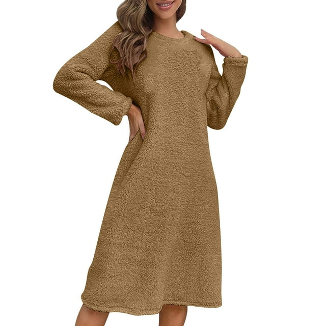 Lenpel Robe de Nuit en Molleton Duveteux pour Femme, Décontractée, à Manches Longues, Col Ras du Cou, Peluche, Chaude, Tenue de Détente, Tunique, Longueur Genou, Robe de Sommeil (Kaki, Grand)