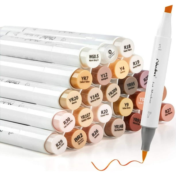 Marcadores de alcohol Ohuhu para tono de piel, punta de pincel, 24 colores