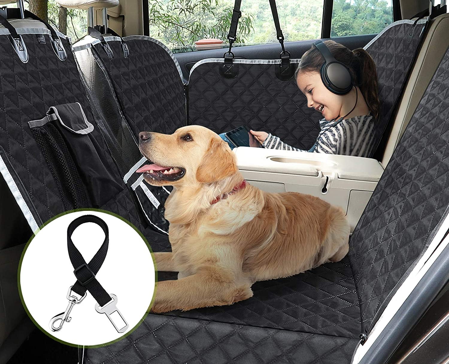 Durable Nonslip Car Seat Cover for Dogs Back Seat Scratchproof Dog Seat Cover with Mesh Window OKMEE Dog Car Seat Cover 100% Waterproof 2 Seat Belts and a Pocket SUVs and Trucks