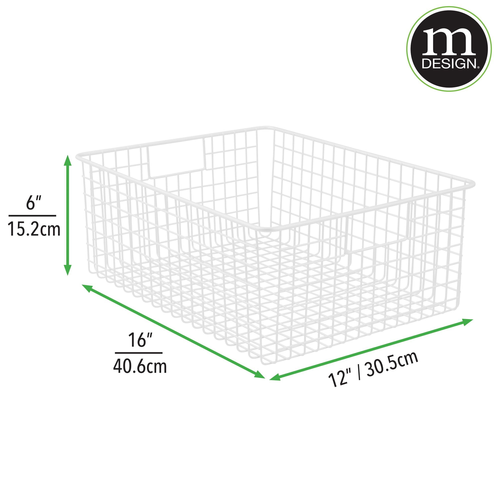 mDesign Metal Wire Food Organizer Basket, Built-In Handles, 4 Pack, White