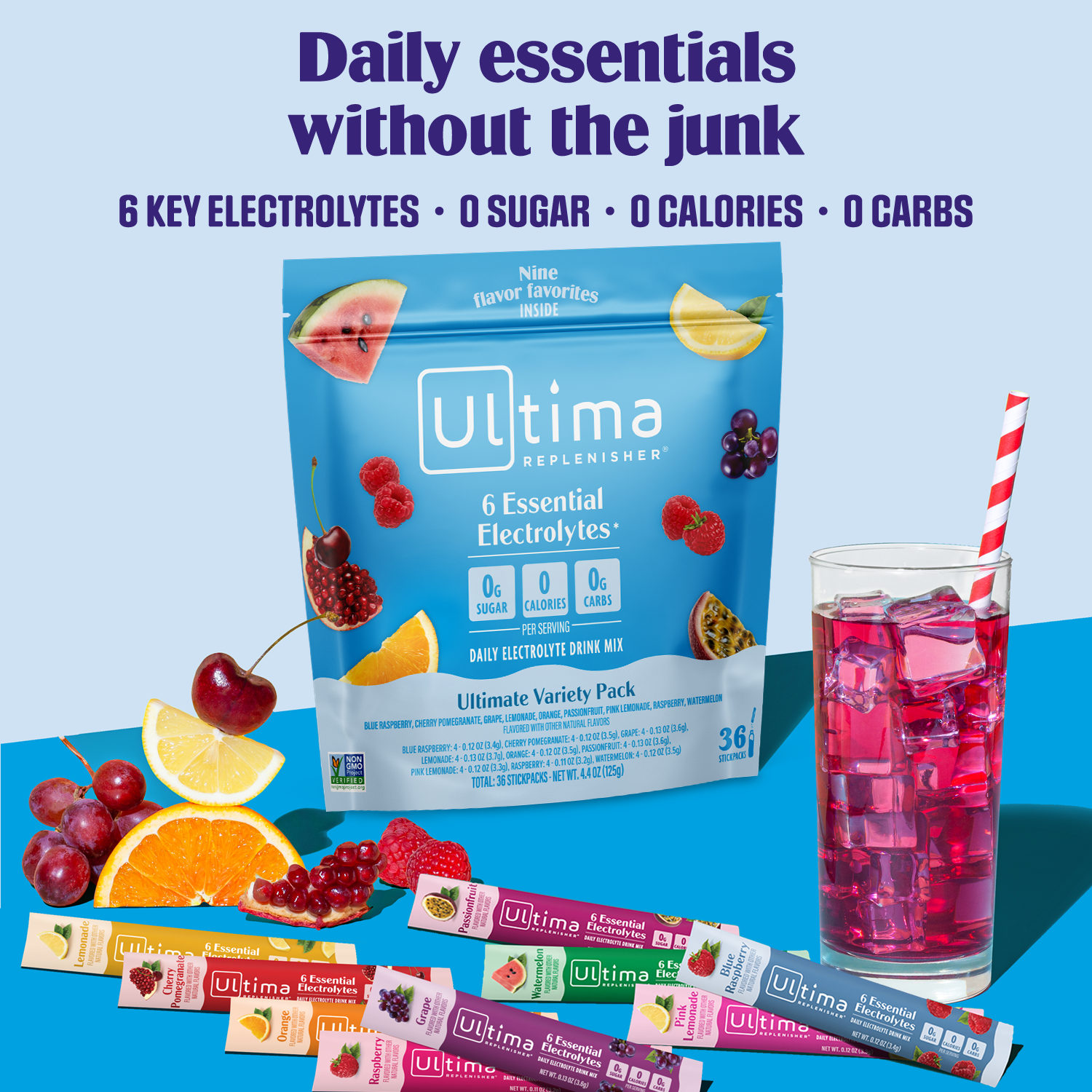 Ultima Replenisher Daily Electrolyte Powder Drink Mix, Sugar-Free, Ultimate Variety, Keto Friendly, 36 Stickpacks