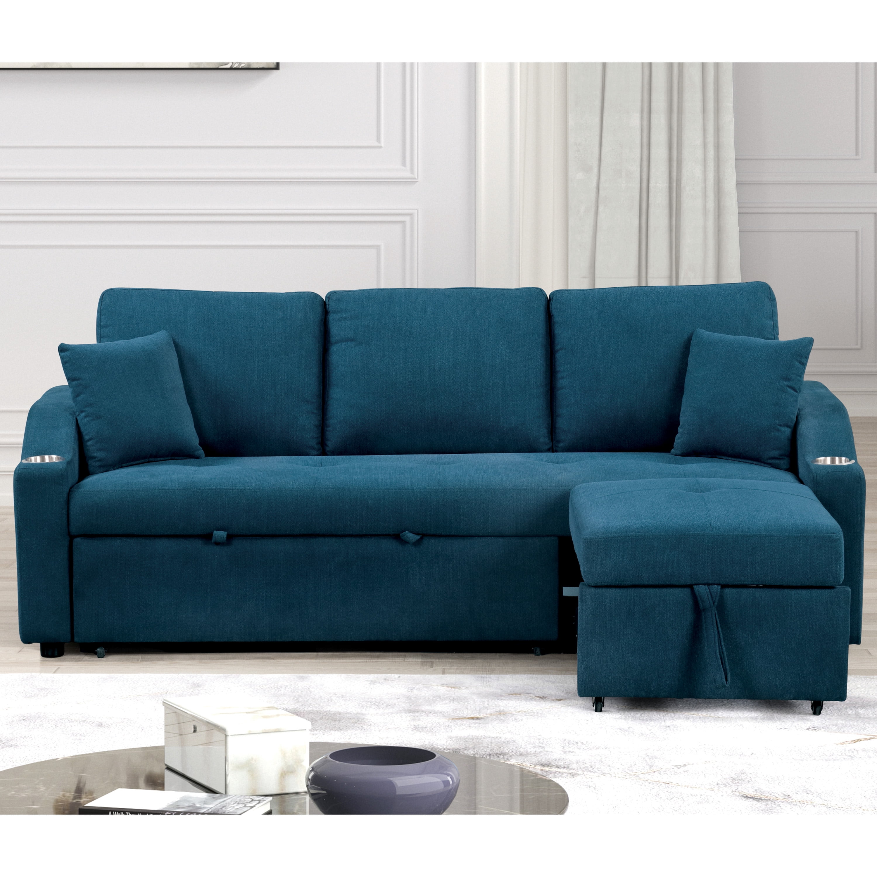 Furniture of America Eulalie Modern Upholstered Pull-out Sleeper Sofa, Blue
