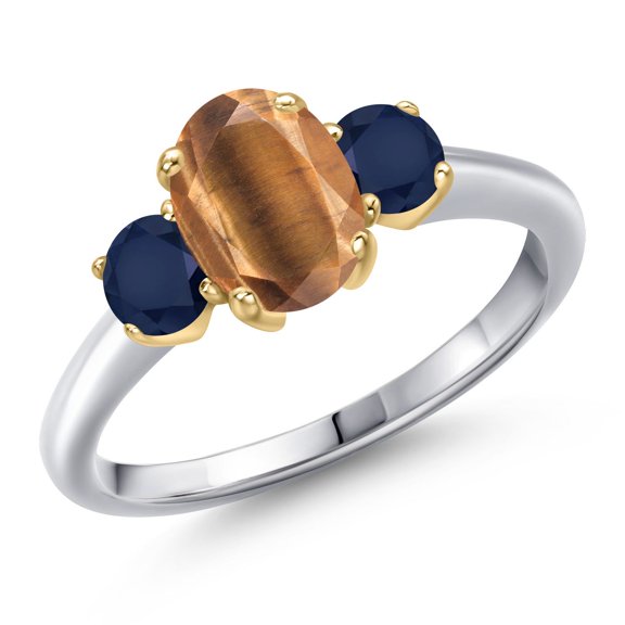 Gem Stone King 10K Two Tone Gold Brown Tiger Eye and Blue Sapphire Engagement Ring for Women | 1.95 Cttw | Oval 8X6MM | Gemstone Birthstone | Size 7