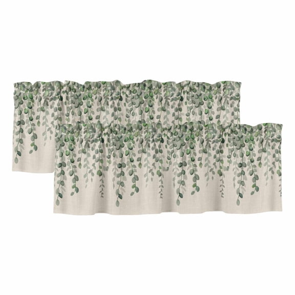 2 Pack Green Eucalyptus Leaves Valances for Windows Bedroom Living Room Window Treatments, Summer Botanical Weeping Rustic Rod Pocket Valance Drapes Short Kitchen Curtains Over Sink 60"x18"