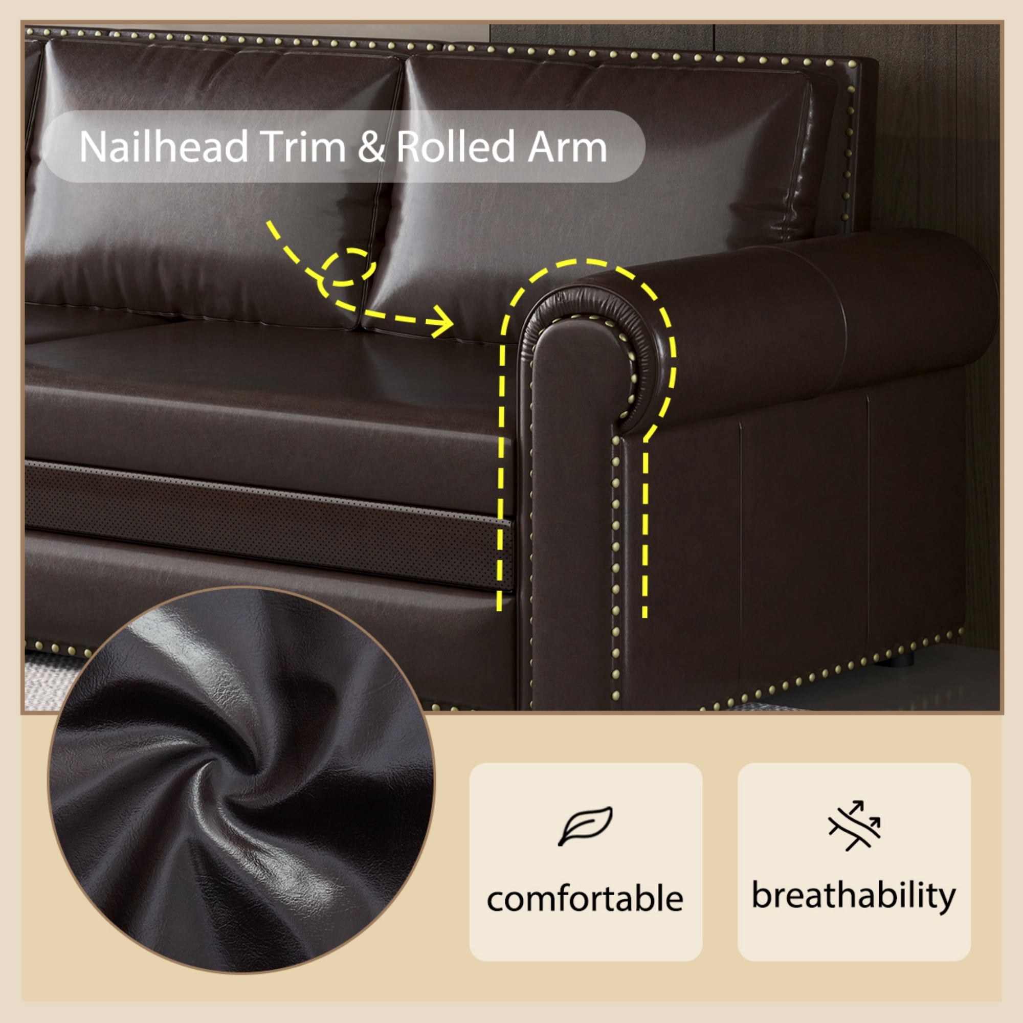 Chesterfield Sofa,93.7" King Pull Out Sofa Bed,3-in-1 Faux Leather Convertible Sleeper Sofa with Nailhead Trim & Rolled Arm,Multi-Functional Sofa Bed for Living Room,Dark Brown