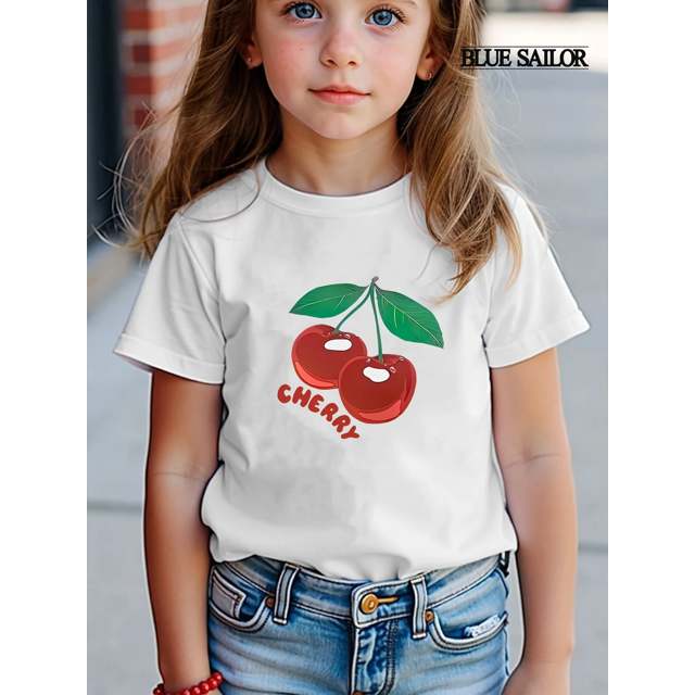 Summer Fun" Cherry" Print Girls' White T-Shirt - Cute & Comfy Cotton Knit with Short Sleeves, Round Neck - Durable for Outdoor Activities & Casual Wear, Girls Tshirts